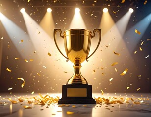 Gold trophy on stage with confetti