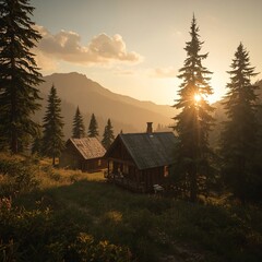 Rustic Mountain Cabin Glowing in Valley Sunset