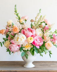 Vibrant mixed bouquet in a white vase, bursting with warm tones and arranged in a modern romantic style