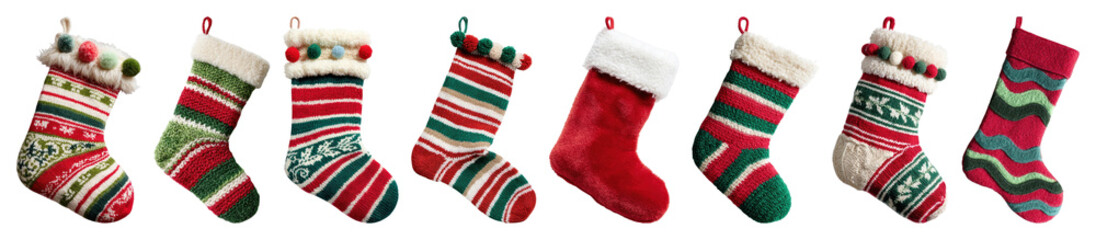 PNG Colorful festive Christmas stockings display, element set on transparent background