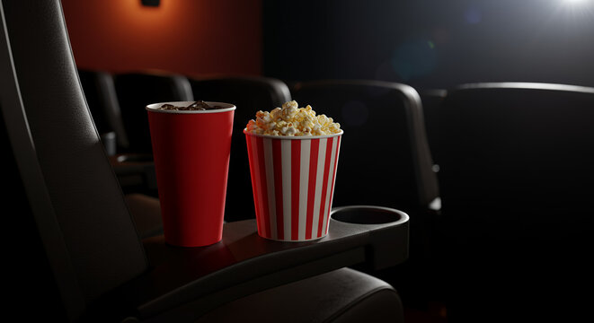 Red drink and popcorn in striped cup on empty cinema seat  