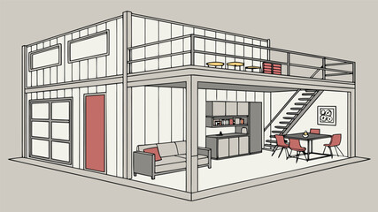 Modern Shipping Container House Interior Design Vector Art, Creative and Stylish Container Home Layouts, Minimalist Industrial Decor, and Functional Space Planning Illustrations