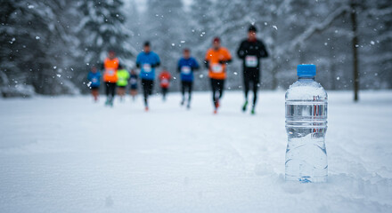 Runners competing in snowy winter landscape with water bottle foreground