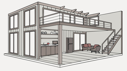 Modern Shipping Container House Interior Design Vector Art, Creative and Stylish Container Home Layouts, Minimalist Industrial Decor, and Functional Space Planning Illustrations