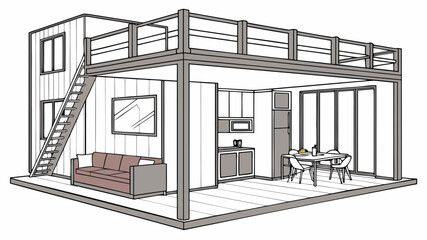 Modern Shipping Container House Interior Design Vector Art, Creative and Stylish Container Home Layouts, Minimalist Industrial Decor, and Functional Space Planning Illustrations