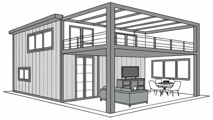 Modern Shipping Container House Interior Design Vector Art, Creative and Stylish Container Home Layouts, Minimalist Industrial Decor, and Functional Space Planning Illustrations