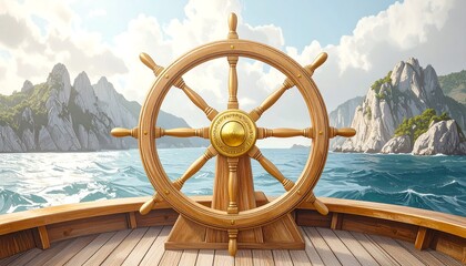 Wooden ship's wheel against a seascape