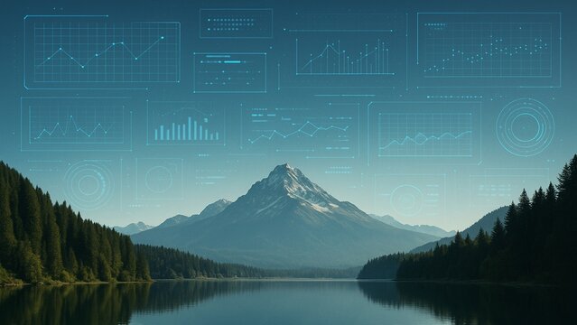 Stunning mountain lake landscape fused with futuristic digital data analytics charts and graphs creating a powerful vision of nature and technology - Powered by Adobe