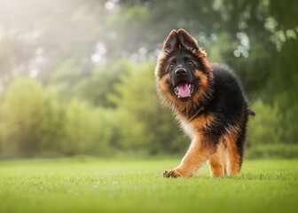 Cute German Shepherd puppy smiling and playing on green grass, joyful and playful.