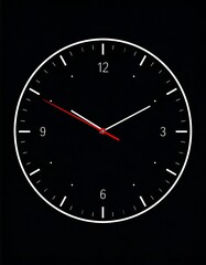 A circular clock face, with white numerals and hands, displays a specific time against a black backdrop.