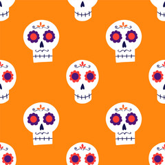 Seamless orange pattern with colorful skulls for the Mexican holiday Day of the Dead. Hand drawn vector print. Dia de los Muertos