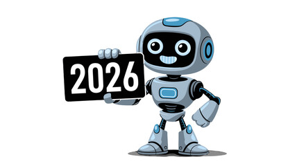 Fototapeta premium A cheerful robot holding a sign with the year 2026.
