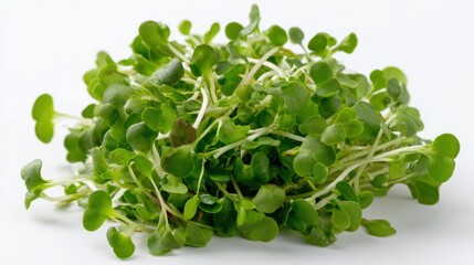 Obraz premium A cluster of fresh microgreens displays vivid green leaves perfect for garnishing dishes or enhancing flavors. Ideal for salads and healthy meals these greens add nutrition.