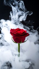 Red rose enveloped in white smoke