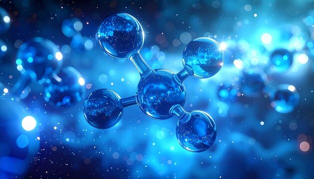 Molecular Structure in Blue: Scientific Visualization of Atom Connections and Bokeh Lights
