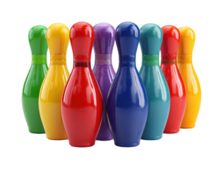 Bowling game action venue colorful pins fun upward angle PNG, isolated on transparent background