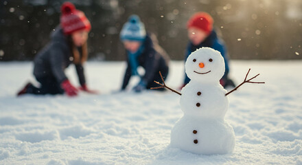 Snowman standing in snow with children playing in winter background  