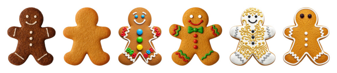 Obraz premium Gingerbread man cookies set including plain, simply iced, and elaborately decorated designs isolated. Festive holiday baking.