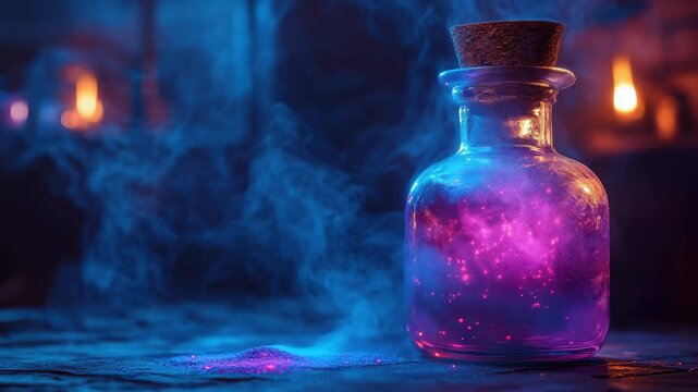 Mysterious potion bottle emitting colorful smoke and glowing particles in a dimly lit space