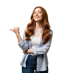 Young woman with long wavy red hair pointing to the side isolated on transparent background