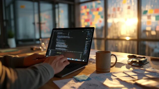 Close-up of a young adult male coding at sunset, featuring a smooth left pan and right dolly camera movement.
