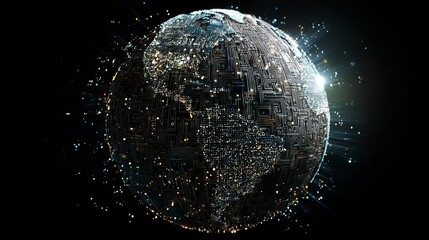 Dynamic digital globe circuit board glowing with data streams, representing global connectivity and innovation