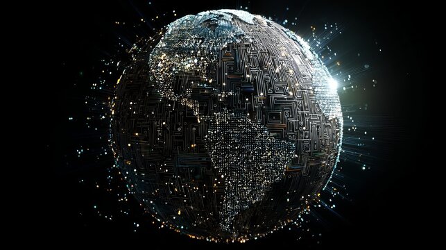 Dynamic digital globe circuit board glowing with data streams, representing global connectivity and innovation