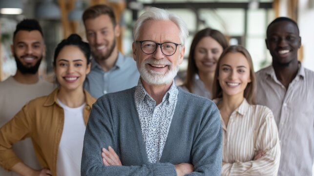 A senior man stands proudly in the foreground smiling with arms crossed in a vibrant office.