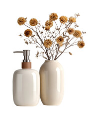 Floral arrangement with decorative vases in modern home PNG, isolated on transparent background