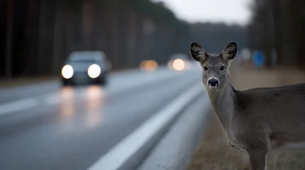 Selbstklebende Fototapeten Hirsch Wild deer standing on roadside near forest with cars passing  © vejaa