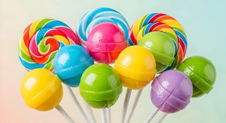 colorful lollipops candies close up on pastel background