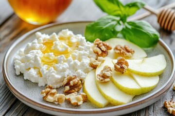 Healthy cottage cheese with fresh apple slices and honey next to walnuts on a rustic table with a drink in the background