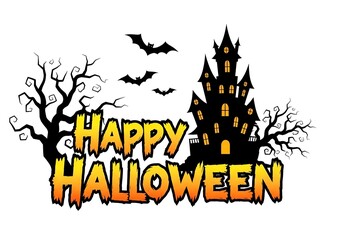 Happy Halloween Spooky Castle with Bats and Bare Tree Silhouette Design