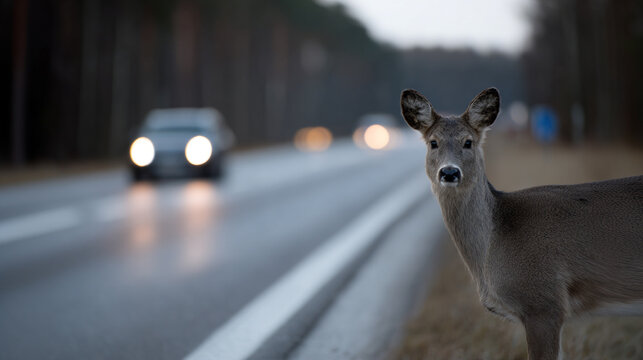 Wild deer standing on roadside near forest with cars passing