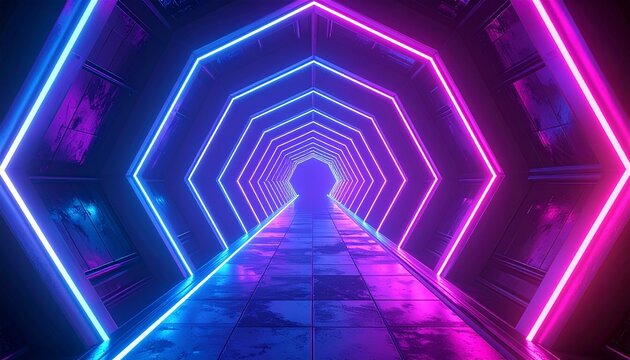 Neon Octagon Tunnel: Futuristic Corridor with Glowing Pink and Blue Lights