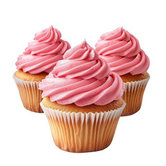 Three strawberry cupcake with pink frosting, A trio of strawberry cupcakes featuring pink frosting, displayed together on a decorative plate, isolated on transparent background