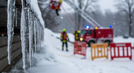 Firefighters rescuing person during winter emergency with snow  
