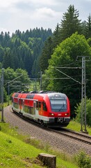 Naklejka premium Red passenger train on railway track passing through green forest landscape on a sunny day for travel and transportation