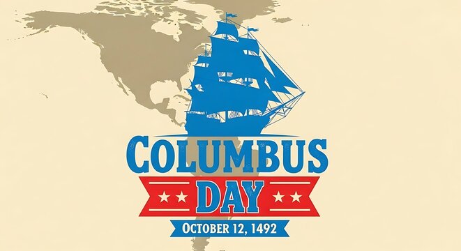 Columbus day illustration with a sailing ship and map of america, october 12, 1492