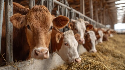 Cows gather inside a spacious barn contentedly eating hay while enjoying the warm afternoon sunlight. The atmosphere is calm and pastoral ideal for farming activities.
