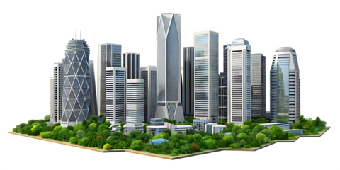 Modern skyscrapers with green landscaping isolated on a transparent background