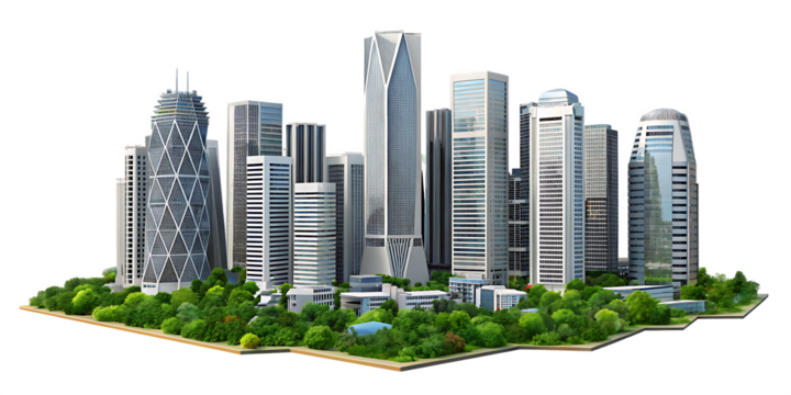 Modern skyscrapers with green landscaping isolated on a transparent background
