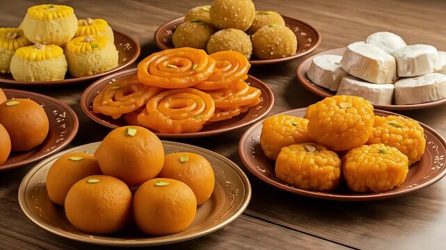 A variety of indian sweets arranged on plates, including jalebi, laddu, and barfi on a wooden table