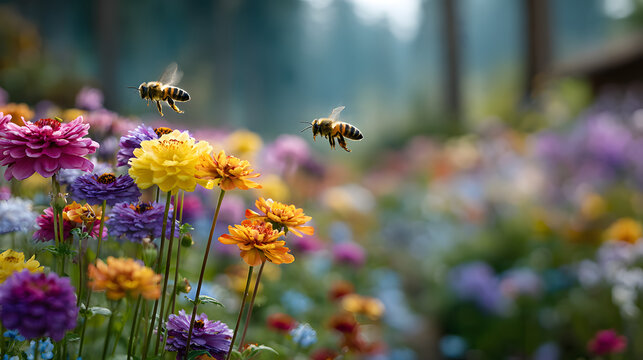 A vibrant pollinator garden with bees, butterflies, and hummingbirds, showcasing the role of pollinators in ecosystems