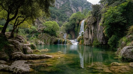 A stunning waterfall cascades into a calm pond surrounded by vibrant greenery and rocky formations. The scene captures the tranquility of nature in the early morning light.