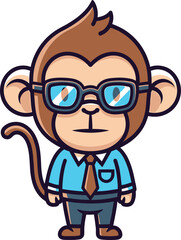 Charming cartoon monkey character wearing glasses and business attire with tie and shirt expressing intelligence and professionalism vector