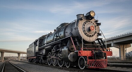 Naklejka premium Old steam locomotive on railway tracks under a bridge with a blue sky. Vintage train, historical transport concept.