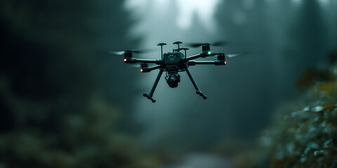 Drone over woodland: A high-angle view shows a drone soaring over a forest path, providing a unique aerial perspective of the natural landscape. The scene evokes a sense of adventure and exploration.