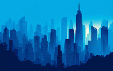 Fototapeta premium Blue-toned cityscape with tall skyscrapers and modern architecture