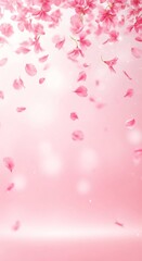 Pink flower petals falling on a soft blurred background with Bokeh light effect. Natural background for Valentine day.